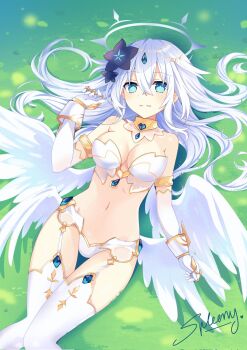 angel angel_wings aqua_eyes armor belly black_heart_(neptunia) choujigen_game_neptune flower gold_armor grass hair_flower hair_ornament highres lingerie lying navel neptune_(series) on_back on_grass power_symbol smile spleeny tsunako underwear white_hair wings