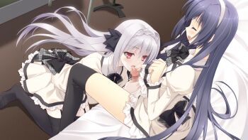 1boy 1girl bed black_hair blush bow censored clothed_sex clothes_lift couple crossdressing dress dress_lift fellatio frilled_dress frills game_cg garter_straps hair_ribbon hairband hetero juliet_sleeves kneeling kokura_asahi long_hair long_sleeves mosaic_censoring oral penis pleated_dress puffy_sleeves purple_eyes red_eyes ribbon sakurakouji_luna school_uniform short_dress skirt thighhighs trap trap_on_female tsuki_ni_yorisou_otome_no_sahou white_dress white_hair zettai_ryouiki