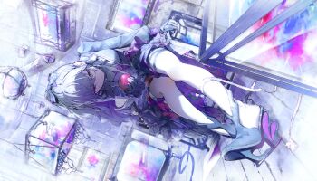 1girl apple asahina_mafuyu black_dress black_gloves black_shoes bow colorful_palette dress food fruit game_cg gloves hair_bow highres holding holding_food holding_fruit official_art ponytail project_sekai purple_bow purple_eyes purple_hair shoes sitting solo third-party_source tomoshibi_wo_teguri_yosete_(project_sekai)