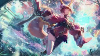 1girl animal_ear_fluff animal_ears asymmetrical_legwear bare_shoulders black_pantyhose breasts brown_eyes brown_hair floral_print floral_print_kimono fox_ears fox_girl fox_tail halterneck hand_up highres holding holding_ofuda japanese_clothes jewelry k3nzoteruta kimono lens_flare looking_at_viewer medium_breasts medium_hair multiple_torii necklace obi ofuda one_eye_closed original pantyhose print_kimono red_kimono sash scenery smile solo tail thighhighs thighs tongue tongue_out torii wading walking white_thighhighs wide_sleeves