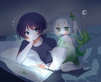 1boy 1girl 52601i alternate_costume aqua_eyes black_hair black_shirt black_sleeves blanket blunt_ends blush bright_pupils casual cheek_bulge closed_mouth colored_tips computer contemporary cross-shaped_pupils eyelashes eyeliner eyeshadow fingernails genshin_impact green_eyes green_hair green_shirt grey_background hand_on_own_face head_rest highres holding holding_pillow indoors laptop long_hair looking_at_object lying makeup multicolored_hair nahida_(genshin_impact) notice_lines on_bed on_stomach open_mouth pajamas pillow pointy_ears red_eyeliner red_eyeshadow scaramouche_(genshin_impact) shared_bed shirt short_sleeves side_ponytail sidelocks single_off_shoulder sitting sleeping socks streaked_hair symbol-shaped_pupils wariza white_hair white_pupils white_socks