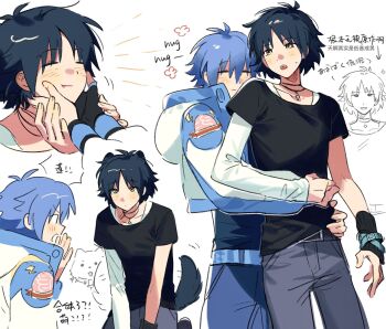 Rule 34 | 2boys, ahoge, animal ears, asymmetrical sleeves, belt, black belt, black gloves, black hair, black pants, blue belt, blue hair, blue jacket, blue shirt, chinese text, closed eyes, cowboy shot, cropped jacket, dog boy, dog ears, dog tail, dramatical murder, fangs, gloves, grey pants, hands on another's face, hashtag-only commentary, highres, hug, hug from behind, jacket, jewelry, layered shirt, long sleeves, looking at another, male focus, multiple boys, necklace, open mouth, pants, sei (dramatical murder), seragaki aoba, shirt, short hair, short sleeves, shuisrs, single glove, smile, tail, white shirt, wrist belt, yaoi, yellow eyes
