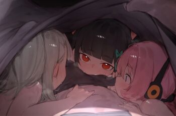1boy 3girls angels_of_delusion aria_(human)_(zenless_zone_zero) aria_(zenless_zone_zero) black_hair black_male_underwear blunt_bangs blush bow bulge cooperative_fellatio erection erection_under_clothes fellatio fellatio_through_clothes foursome green_bow group_sex harem headphones heavy_breathing highres loli looking_at_viewer male_underwear multiple_girls nangong_yu nose_blush oral pink_hair pov pov_crotch sunna_(zenless_zone_zero) sweat teamwork_(sexual) under_covers underwear xaea_xp zenless_zone_zero