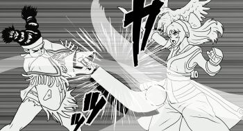 2girls ainu_clothes armpit_peek armpits attack black_hair braid breasts capcom clash clenched_hand closed_eyes crossover fingerless_gloves gloves hair_ribbon half-closed_eyes highres legs lily_hawk long_hair mamahaha multiple_girls nakoruru native_american open_mouth raydash30 ribbon samurai_spirits serious shorts small_breasts snk street_fighter street_fighter_6 the_king_of_fighters the_king_of_fighters_xv thighs tongue twin_braids weapon