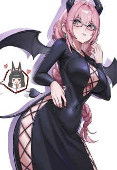 2girls absurdres animal_ears aroused_nosebleed black_dress black_hair black_wings blood breasts cleavage_cutout clothing_cutout commentary demon_costume demon_horns demon_tail demon_wings dress earrings fox_ears fox_girl glasses highres horns hoshimi_miyabi jewelry kyogree large_breasts long_hair multiple_girls nosebleed pink_eyes pink_hair simple_background tail tsukishiro_yanagi very_long_hair white_background wings yuri zenless_zone_zero