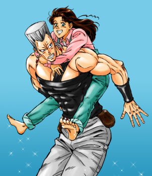 1boy 1girl barefoot brown_hair carrying denim feet flattop grey_hair jean_pierre_polnareff jeans jojo_no_kimyou_na_bouken negu_(geneg) overalls pants piggyback runaway_girl_(jojo) soles