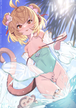 >_< 1girl :3 :p ahoge andira_(granblue_fantasy) andira_(summer)_(granblue_fantasy) animal animal_ears aqua_one-piece_swimsuit bare_shoulders blonde_hair blue_sky blush breasts breasts_out brown_ribbon censored closed_eyes clothes_pull clothing_aside cloud cloudy_sky collarbone covered_navel cowboy_shot day double_bun erune fanbox_username flower gluteal_fold granblue_fantasy groin hair_bun hair_flower hair_ornament hair_strand hand_up highleg highleg_one-piece_swimsuit highres innertube light_censor loli looking_at_viewer monkey monkey_ears monkey_girl monkey_tail nipples one-piece_swimsuit one-piece_swimsuit_pull open_mouth orange_eyes outdoors palm_tree pointless_censoring pulling_own_clothes pussy ribbon see-through_clothes short_hair sky small_breasts smile solo splashing standing strap_slip swim_ring swimsuit swimsuit_aside tail teeth thigh_gap thigh_strap thighs tongue tongue_out transparent_censoring tree twitter_username wading water water_drop watermark web_address wet yellowpaint.