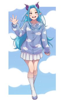 1girl absurdres blue_cardigan blue_shoes cardigan commentary curtained_hair english_commentary full_body hand_up highres horns jewelry kuraedo long_hair looking_at_viewer miniskirt necklace open_mouth original pointy_ears shoes skirt smile socks solo white_skirt white_socks yellow_eyes