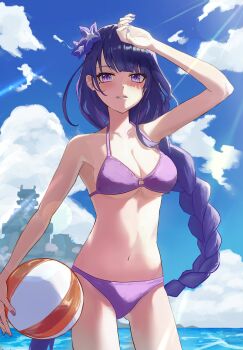 1girl absurdres arm_on_own_head armpits ball bare_arms bare_shoulders beach beachball bikini blue_sky blunt_bangs blush braid breasts cleavage cloud cloudy_sky commentary_request flower genshin_impact hair_flower hair_ornament highres holding holding_ball large_breasts light_particles long_braid long_hair looking_at_viewer mole mole_under_eye navel ocean outdoors parted_lips purple_bikini purple_eyes purple_hair raiden_shogun ryoha_kosako shade shy single_braid skinny sky solo standing stomach sunlight swimsuit teeth upper_body water