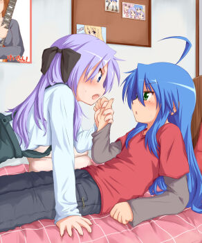 Rule 34 | 00s, 2girls, ahoge, bed, blue eyes, blue hair, blush, cameo, casual, eye contact, green eyes, hiiragi kagami, hiiragi tsukasa, hirasawa yui, holding hands, izumi konata, k-on!, kotobuki tsumugi, layered sleeves, long hair, long sleeves, looking at another, lucky star, mole, mole under eye, multiple girls, open mouth, overalls, photo (object), purple hair, ryuunosuke (luckyneco), short over long sleeves, short sleeves, siblings, sisters, takara miyuki, twins, twintails, yuri
