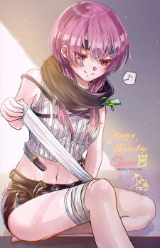 >:) 1girl arm_at_side bandaged_leg bandages barefoot belt black_belt black_headband black_shorts breasts character_name closed_mouth commentary_request crop_top dated eyelashes eyes_visible_through_hair foot_out_of_frame goslingwallows hair_between_eyes hand_up happy_birthday headband heaven_burns_red highres long_hair looking_down matsuoka_chiroru medium_breasts midriff musical_note navel pink_hair red_eyes shirt short_shorts shorts signature sitting sleeveless sleeveless_shirt smile solo speech_bubble split_mouth spoken_musical_note thighs v-shaped_eyebrows white_shirt