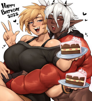 Rule 34 | 2025, 2girls, :d, ;d, abs, antenna hair, black horns, black sweater, blonde hair, blue eyes, borrowed character, bottomless, bra strap, breasts, cake, cake slice, dark-skinned female, dark skin, extra arms, eyelashes, fang, food, hannesfkr, happy birthday, highres, holding, holding plate, horns, hug, hug from behind, huge breasts, jacket, loving aura, multiple girls, narrowed eyes, navel, nelly (xyronii), off-shoulder sweater, off shoulder, one eye closed, open mouth, original, outside border, padded jacket, plate, pointy ears, red eyes, red jacket, short hair, short sleeves, smile, sweater, v, white hair, yuri