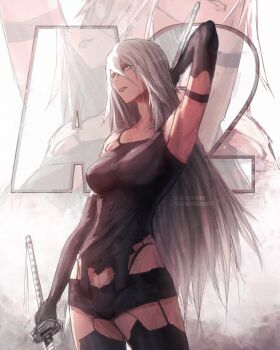 1girl a2_(nier:automata) absurdres arm_behind_head armlet black_shorts character_name commentary cowboy_shot elbow_gloves gloves hair_between_eyes highres holding holding_sword holding_weapon instagram_logo instagram_username jewelry long_hair mole multiple_views nier:automata nier_(series) parted_lips shorts stephengiannart sword twitter_logo twitter_username weapon white_eyes white_hair
