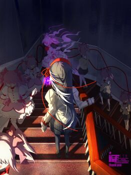 6+girls absurdres akemi_homura back_bow black_hair black_pantyhose black_skirt bow brown_shoes bubble_skirt buttons chest_jewel chinese_commentary choker clone commentary_request commission dress dress_bow earrings faceless faceless_female frilled_skirt frilled_sleeves frilled_socks frills from_behind full_body gem gloves hair_over_eyes hair_ribbon hairband hand_on_railing highres indoors jewelry juliet_sleeves kaname_madoka kokaiff lace-trimmed_sleeves lace_trim long_hair long_sleeves magic magical_girl mahou_shoujo_madoka_magica mahou_shoujo_madoka_magica:_hangyaku_no_monogatari miniskirt mitakihara_school_uniform multiple_girls open_mouth over-kneehighs pantyhose pink_bow pink_dress pink_gemstone pink_hair plaid_clothes plaid_skirt pleated_skirt puffy_short_sleeves puffy_sleeves purple_gemstone red_choker red_hairband red_ribbon red_shoes ribbon running sample_watermark school_uniform shirt shoes short_dress short_hair short_sleeves short_twintails single_earring skirt skirt_under_dress sleeve_cuffs smile socks soul_gem square_neckline stairs straight_hair thighhighs transformation twintails uwabaki very_long_hair walking watermark white_gloves white_skirt white_sleeves white_socks white_thighhighs yellow_bow yellow_shirt