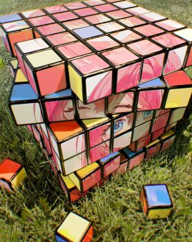 1girl 3d blue_eyes bocchi_the_rock! chromatic_aberration closed_eyes commentary_request gotoh_hitori grass highres pink_hair pong_(pong_o0) rubik's_cube surreal