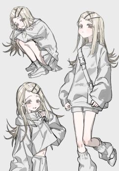 1girl bag blonde_hair colored_eyelashes flipped_hair gakuen_idolmaster grey_background hair_ornament hairclip highres hisato_00 hood hooded_jacket idolmaster jacket loafers long_hair midriff multiple_views orange_eyes parallel_hairclips shinosawa_hiro shoes shoulder_bag simple_background skirt smile socks squatting sweater white_bag white_jacket white_shoes white_skirt white_socks white_sweater