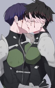 2boys black_hair blood blood_on_face blue_hair colored_tips dirty dirty_face french_kiss from_side full-length_zipper grey_background hoshina_soshiro kaijuu_no._8 kakan_king kiss male_focus multicolored_hair multiple_boys narumi_gen pink_hair short_hair simple_background streaked_hair twitter_username two-tone_hair wireless_earphones yaoi zipper