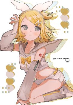 1girl bare_shoulders blonde_hair blush bow bowtie closed_mouth collarbone commentary crop_top cropped_shirt detached_sleeves drop_shadow fingerless_gloves full_body gloves green_eyes grey_sailor_collar grey_sleeves grey_socks hand_up heart highres kagamine_rin kagamine_rin_(nt) long_sleeves midriff navel number_tattoo onemubot piapro_studio sailor_collar seiza shirt shoes short_hair short_shorts shorts shoulder_tattoo simple_background sitting sleeveless sleeveless_shirt socks solo tattoo vocaloid white_background white_gloves white_shoes white_shorts yellow_bow yellow_bowtie