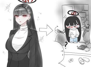 1girl 1other ? alternate_costume arrow_(symbol) black_hair blaz blue_archive blush chair chibi english_text haguuu18 hair_ornament hairclip halo highres hood long_hair looking_at_viewer looking_down messy_room millennium_science_school_logo monitor office_lady pants red_eyes ringed_eyes rio_(blue_archive) sparkle sweater sweatpants trash turtleneck turtleneck_sweater very_long_hair white_sweater