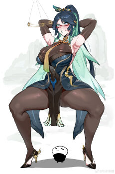 absurdres armpits arms_behind_head bare_shoulders black_gloves black_pantyhose blank_stare breasts china_dress chinese_clothes coin coin_on_string covered_erect_nipples covered_navel dress eyeshadow genshin_impact glasses gloves green_eyes green_eyeshadow green_hair green_lips high_heels highres huge_breasts kuook long_hair looking_at_viewer makeup mature_female mind_control mole multicolored_hair pantyhose ponytail shiny_skin solo spread_legs thick_thighs thighs xianyun_(genshin_impact)