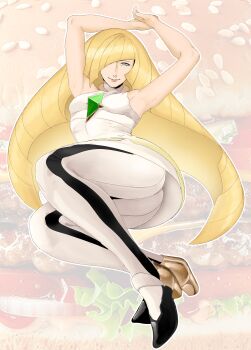 1girl absurdres armpits arms_up ass black_leggings burger commentary diamond_(shape) food food-themed_background full_body gem green_eyes green_gem hair_over_one_eye high_heels highres leggings legs legs_together long_hair lusamine_(pokemon) mature_female multicolored_leggings nintendo parted_lips pokemon sleeveless sleeveless_turtleneck smile solo stubed_toe tsurime turtleneck two-tone_leggings two-tone_legwear untranslatable_commentary white_leggings