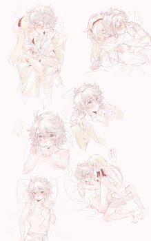 2girls absurdres blush breasts brown_jacket chinese_commentary commentary fingering grabbing_another&#039;s_breast groping hairband highres jacket jiguang_haibao kiss koishikawa_iko long_hair lying momijiyama_teru multiple_girls on_back pillow shirt short_hair shorts shy_(series) small_breasts yuri