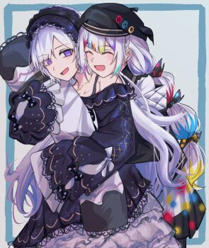 2girls :d absurdres beret black_bow bow commentary_request dress frilled_dress frills gothic_lolita hair_over_one_eye hairband hat head_on_another&#039;s_shoulder hibiki4411 highres holding holding_pillow hug hug_from_behind jogasaki_noah lolita_fashion lolita_hairband long_hair long_sleeves looking_at_another mahou_shoujo_no_majo_saiban multi-tied_hair multicolored_hair multiple_girls natsume_an-an open_mouth pillow polka_dot polka_dot_bow purple_eyes sleeves_past_fingers sleeves_past_wrists smile standing streaked_hair very_long_hair white_hair