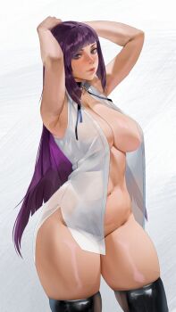 1girl armpits arms_behind_head arms_up black_ribbon blue_eyes blunt_ends breasts choker commentary covered_erect_nipples cowboy_shot english_commentary fern_(sousou_no_frieren) highres huge_breasts leoquezadilla lips long_hair looking_at_viewer o-ring o-ring_choker open_clothes open_shirt presenting_armpit purple_hair ribbon see-through_clothes see-through_shirt shirt sideways_glance solo sousou_no_frieren thick_eyebrows