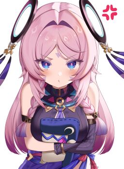 Rule 34 | 1girl, absurdres, anger vein, armlet, artist name, asymmetrical gloves, ayumi aotr a, bare shoulders, blue eyes, blush, breasts, citlali (genshin impact), commentary, facial mark, floating headgear, genshin impact, gloves, hair intakes, headgear, highres, holding, jewelry, long hair, looking at viewer, medium breasts, parted bangs, pink pupils, pout, purple gloves, simple background, solo, triangle, triangle facial mark, uneven gloves, upper body, white background