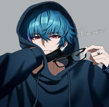 Rule 34 | 1boy, alternate costume, black-framed eyewear, blue hair, blue hoodie, brant (wuthering waves), closed mouth, commentary, earrings, english commentary, glasses, grey background, highres, holding, holding removed eyewear, hood, hood up, hoodie, jewelry, long sleeves, looking at viewer, male focus, mask, mouth mask, multicolored hair, piercing, pink eyes, ring, sae naiyatsu, short hair, sleeves past wrists, solo, streaked hair, stud earrings, twitter username, unworn eyewear, upper body, wuthering waves