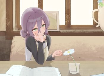 1girl apron black_shirt book chainsaw_man cup flower green_eyes grey_apron hair_between_eyes hair_bun hand_on_own_chin highres open_book purple_hair reze_(chainsaw_man) shirt sitting solo table two-tone_shirt water white_flower white_shirt window zanshin44