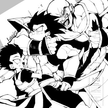 3boys arm_around_neck artist_name bald bracer cabba closed_eyes commentary_request dragon_ball dragon_ball_legends dragon_ball_super dragonball_z facial_hair greyscale haseko123 in-franchise_crossover male_focus monkey_boy monkey_tail monochrome multiple_boys muscular muscular_male nappa one_eye_closed open_mouth saiyan saiyan_armor scouter shallot_(dragon_ball) short_hair single_bang spiked_hair sweatdrop tail tail_around_waist tail_pull teacher_and_student watermark wide-eyed