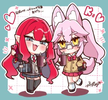 Rule 34 | 0kami 89zo, 2girls, absurdres, animal ears, baobhan sith (fate), beni-enma, blush, cernunnos (fate), character charm, charm (object), commentary request, cup, fate/grand order, fate (series), fox ears, fox tail, full body, grey eyes, highres, holding, holding cup, koyanskaya (fate), long hair, multiple girls, open mouth, phone, pink hair, pointy ears, red hair, school uniform, sidelocks, smug, tail, yellow eyes