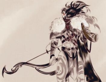 Rule 34 | 1boy, abs, belt, belt buckle, bodypaint, bow (weapon), buckle, bumblebeww, cape, dagger, divine being, facepaint, floating hair, fur cape, grey background, holding, holding bow (weapon), holding instrument, holding weapon, horn (instrument), instrument, knife, long hair, male focus, monochrome, orome, profile, simple background, solo, standing, stomach, the silmarillion, thighs, tolkien's legendarium, weapon