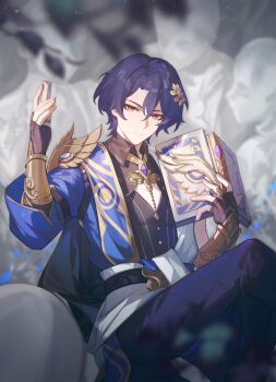 Rule 34 | 1boy, absurdres, black gloves, black shirt, book, brown eyes, closed mouth, collared shirt, commentary request, daokouniao, dr. ratio (honkai: star rail), feet out of frame, fingerless gloves, gloves, highres, holding, holding book, honkai: star rail, honkai (series), long sleeves, looking at viewer, male focus, mask on shoulder, procreate (medium), purple hair, shirt, short hair, sitting, solo