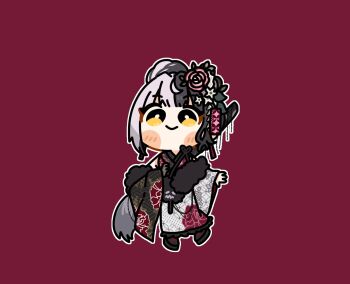 Rule 34 | >:), 1girl, alicemuyuki, arm at side, black boots, black gloves, black hair, black kimono, black shawl, blush stickers, boots, bow, bowtie, bright pupils, calligraphy brush, chibi, chibi only, commentary, detached sleeves, flower, full body, furisode, giant brush, gloves, grey hair, grey kimono, hair bun, hair flower, hair ornament, hand on own chest, highres, hololive, hololive english, japanese clothes, kanzashi, kimono, lace, lace-up boots, lace gloves, multicolored hair, official alternate costume, official alternate hairstyle, outline, paintbrush, red bow, red bowtie, shawl, shiori novella, shiori novella (new year), short hair, simple background, single glove, single hair bun, sleeveless, sleeveless kimono, solo, split-color hair, tsumami kanzashi, two-tone kimono, v-shaped eyebrows, virtual youtuber, white outline, white pupils, wide sleeves, yellow eyes
