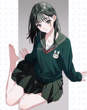 1girl barefoot blush choppy_bangs closed_mouth collarbone commentary_request fingernails green_eyes green_hair green_sailor_collar green_skirt green_sweater hair_behind_ear head_tilt highres long_hair long_sleeves looking_at_viewer miniskirt neckerchief original parted_hair pleated_skirt rabbit rabbit_symbol red_neckerchief sailor_collar school_uniform serafuku simple_background sitting skirt soles solo straight_hair sweater uryoko v-neck yokozuwari