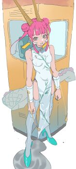 Rule 34 | 1girl, absurdres, china dress, chinese clothes, commentary request, double bun, dragon girl, dragon horns, dragon tail, dress, hair bun, high heels, highres, himuro yukichiko, horns, original, phone, scales, solo, tail