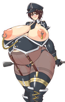 Rule 34 | 1girl, areola piercing, arms behind back, blush, boots, breasts, breasts apart, breasts out, brown eyes, brown hair, collared shirt, framed breasts, garter straps, gigantic breasts, gloves, hat, idolmaster, idolmaster cinderella girls, linked piercing, looking at viewer, looking to the side, maternity pantyhose, military, military hat, military uniform, navel, necktie, nipple piercing, nipple tassels, nipples, oikawa shizuku, panties, panties over pantyhose, pantyhose, parted lips, peaked cap, piercing, pregnant, renges, riding crop, sagging breasts, shirt, short hair, smile, solo, standing, tetsubire, thick thighs, thighs, underwear, white background, zipper