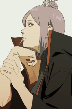 Rule 34 | 1girl, absurdres, akatsuki uniform, eyelashes, eyeliner, from side, highres, konan (naruto), looking at viewer, makeup, naruto (series), naruto shippuuden, ninja, orange eyes, parted lips, pnpk 1013, short hair, solo, twitter username, upper body, white background, wide sleeves