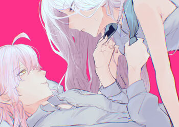 2girls ahoge aqua_necktie arm_support armpit_crease bare_arms bare_shoulders blue_archive breasts buttons chromatic_aberration closed_mouth collared_shirt commentary_request doanobu8817 eye_contact from_side girl_on_top grey_shirt hair_between_eyes half-closed_eyes hands_up highres hina_(blue_archive) hoshino_(blue_archive) long_sleeves looking_at_another lying multiple_girls necktie on_back parted_lips partially_unbuttoned pillow pink_background pink_hair profile purple_eyes shirt simple_background sleeveless sleeveless_shirt small_breasts smile sweatdrop undone_necktie undressing_another upper_body white_hair yellow_eyes yuri