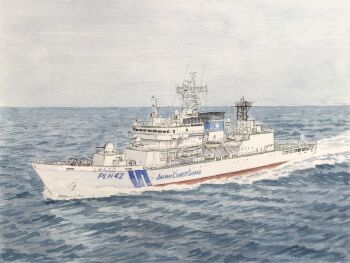 anchor atelier_bono blue_sky cloud commentary_request highres japan_coast_guard japanese_flag jcg_shunko_(plh-42) lifeboat mast no_humans ocean original painting_(medium) radar sailing ship sky smokestack traditional_media vehicle_focus watercolor_(medium) watercraft waves