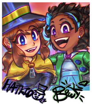 2girls :d a_hat_in_time animal_print blue_bow blue_eyes blue_hairband blue_skirt bow bow_hairband bow_kid buttons cape cat_print character_name child commentary curly_hair dark-skinned_female dark_skin earrings english_commentary fang gothiccprince green_jacket hair_tie hairband hat hat_kid hat_ribbon highres jacket jewelry long_hair long_sleeves looking_at_viewer multiple_girls open_mouth polaroid_photo ponytail purple_hat purple_jacket ribbon shirt short_hair sidelocks skirt smile star-shaped_pupils star_(symbol) symbol-shaped_pupils teeth top_hat upper_body upper_teeth_only white_shirt yellow_cape yellow_ribbon zipper_pull_tab