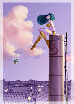 1boy 1girl absurdres animal_print aqua_hair bikini border building city cityscape closed_eyes cloud cone_horns contrail cumulonimbus_cloud ero_mikihime evening from_side highres horns ladder long_hair lum onsen_symbol outdoors print_bikini print_boots rooftop scenery sitting sky strapless strapless_bikini swimsuit ten_(urusei_yatsura) tiger_print urusei_yatsura