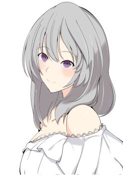 1girl assault_lily bare_shoulders blush breasts collarbone commentary_request from_side grey_hair hair_between_eyes hata_matsuri highres looking_at_viewer looking_to_the_side medium_breasts medium_hair off-shoulder_shirt off_shoulder purple_eyes senri_(senri03151221) shirt simple_background smile solo upper_body white_background white_shirt