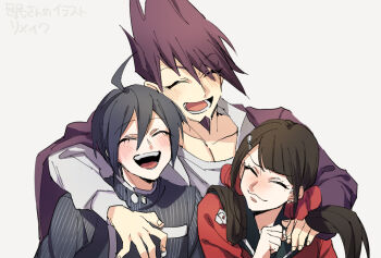 1girl 2boys ahoge arm_around_shoulder black_hair black_jacket black_sailor_collar blunt_bangs blush brown_hair closed_eyes collarbone collared_jacket commentary_request danganronpa_(series) danganronpa_v3:_killing_harmony facial_hair goatee hair_between_eyes hair_ornament hair_scrunchie happy harukawa_maki height_difference jacket long_hair long_sleeves low_twintails mole mole_under_eye momota_kaito multiple_boys open_clothes open_mouth pinstripe_jacket pinstripe_pattern purple_facial_hair purple_hair red_scrunchie red_shirt saihara_shuichi sailor_collar school_uniform scrunchie shirt short_hair simple_background smile spiked_hair striped_clothes sunabu twintails upper_body