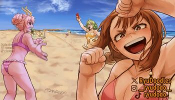 1boy 4girls alternate_hairstyle artist_name ashido_mina ass asui_tsuyu beach bikini blue_sky boku_no_hero_academia breasts brown_eyes brown_hair cleavage cloud collarbone colored_skin green_hair hagakure_toru horns instagram_logo instagram_username large_breasts light_blush looking_at_viewer matching_hair/eyes mineta_minoru multiple_girls one-piece_swimsuit open_mouth outdoors pink_bikini pink_hair pink_skin ryudoodles short_hair sidelocks sky smile swimsuit teeth tiktok_logo tiktok_username twitter_username twitter_x_logo uraraka_ochako yellow_horns yellow_one-piece_swimsuit