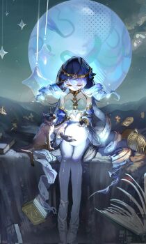 1girl animal bare_shoulders black_gloves blue_hair blue_hood blue_sleeves book bracelet cat circlet claws detached_sleeves drill_hair genshin_impact gloves glowing gold_bracelet gold_circlet gold_collar highres hood hood_up jewelry layla_(genshin_impact) long_hair looking_down orb pantyhose solo twin_drills uwaaatsutsuaa white_pantyhose yellow_eyes