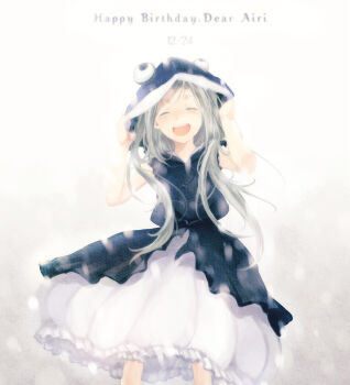 Rule 34 | 1girl, black dress, character name, closed eyes, dated, dress, grey hair, happy, happy birthday, hooded dress, hooded top, long hair, open mouth, robotics;notes, science adventure, smile, solo, standing, takana (nanao), yukifune airi