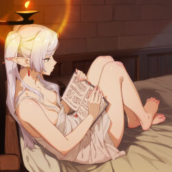 1girl alternate_breast_size_(smaller) barefoot book breasts commentary downblouse earrings elf english_commentary feet feguimel frieren green_eyes highres holding holding_book jewelry long_hair nipple_slip nipples pointy_ears reading revision sitting small_breasts solo sousou_no_frieren twintails white_hair